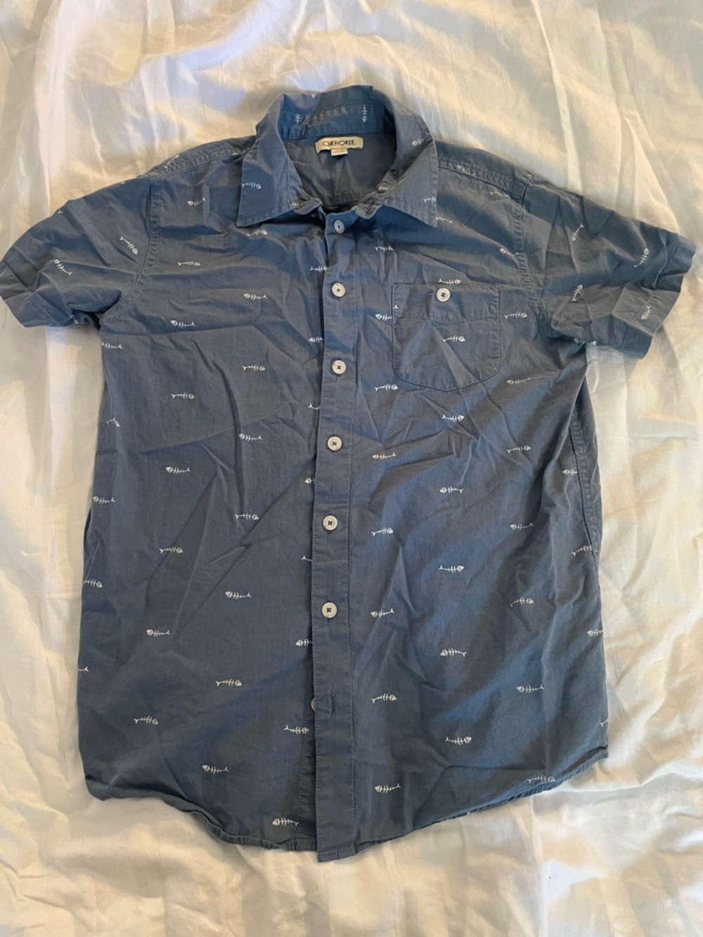 Cherokee Short-Sleeve Navy Button-Down Shirt with White Fish Print